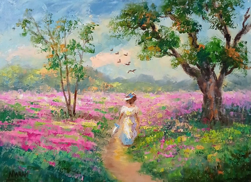 Quadro original "O Despertar da Primavera" — Impressionismo, Óleo sobre tela, 40 x 30 cm, pintado à mão por Marah Silva
