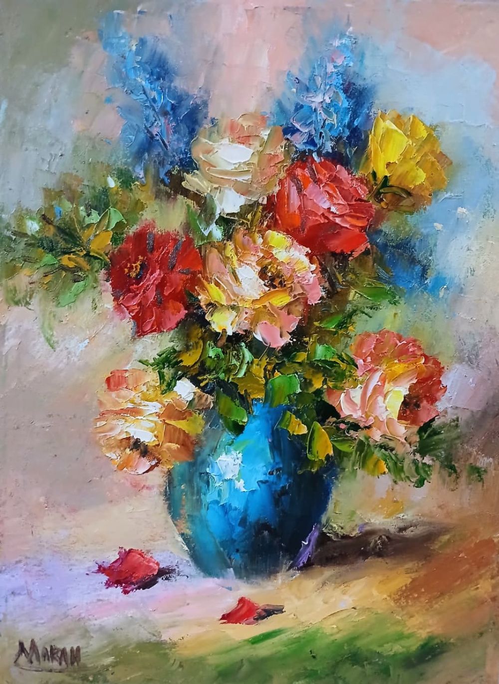 Quadro original "Arco-Íris em Rosas" — Florais, Óleo sobre tela, 30 x 40 cm, pintado à mão por Marah Silva
