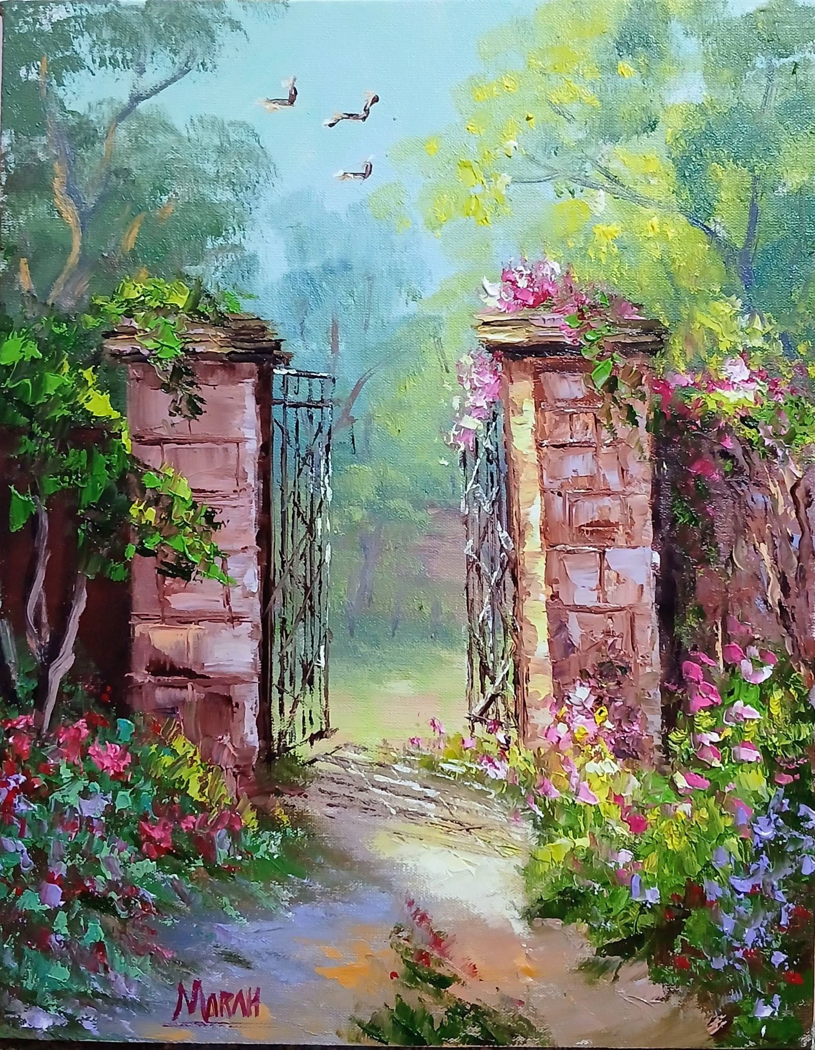 Quadro original "Portal Secreto Florido" — Impressionismo, Espatulado a óleo sobre tela, 24 x 30 cm, pintado à mão por Marah Silva