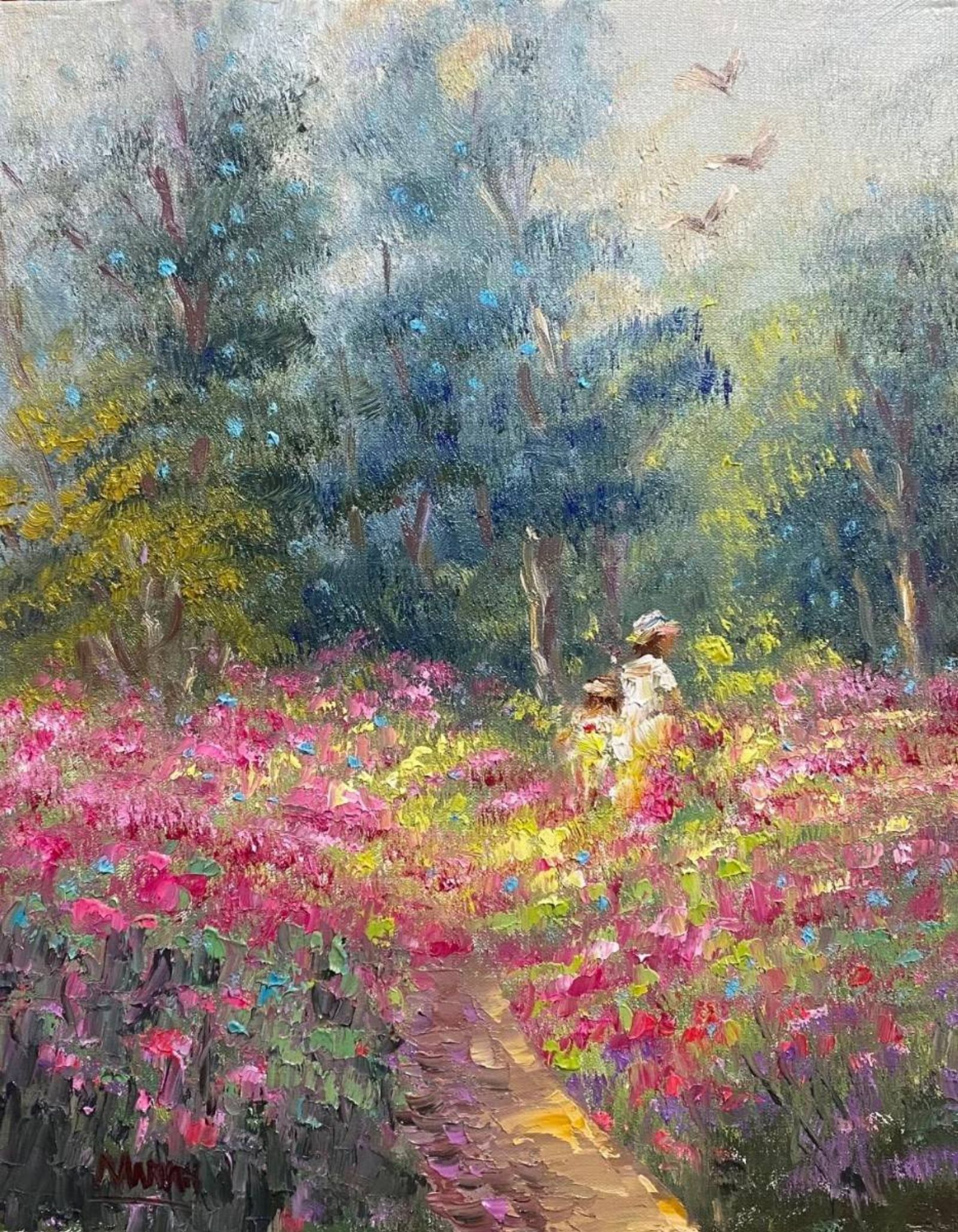 Quadro original "Cores da Manhã Floral" — Impressionismo, A óleo sobre tela, 24 x 30 cm, pintado à mão por Marah Silva