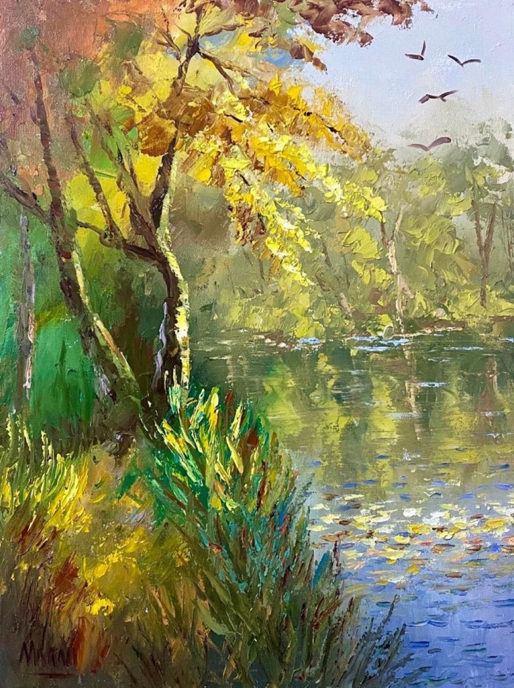 Quadro original "Canto das Águas e Folhas" — Paisagens, Óleo sobre tela, 30 x 40 cm, pintado à mão por Marah Silva