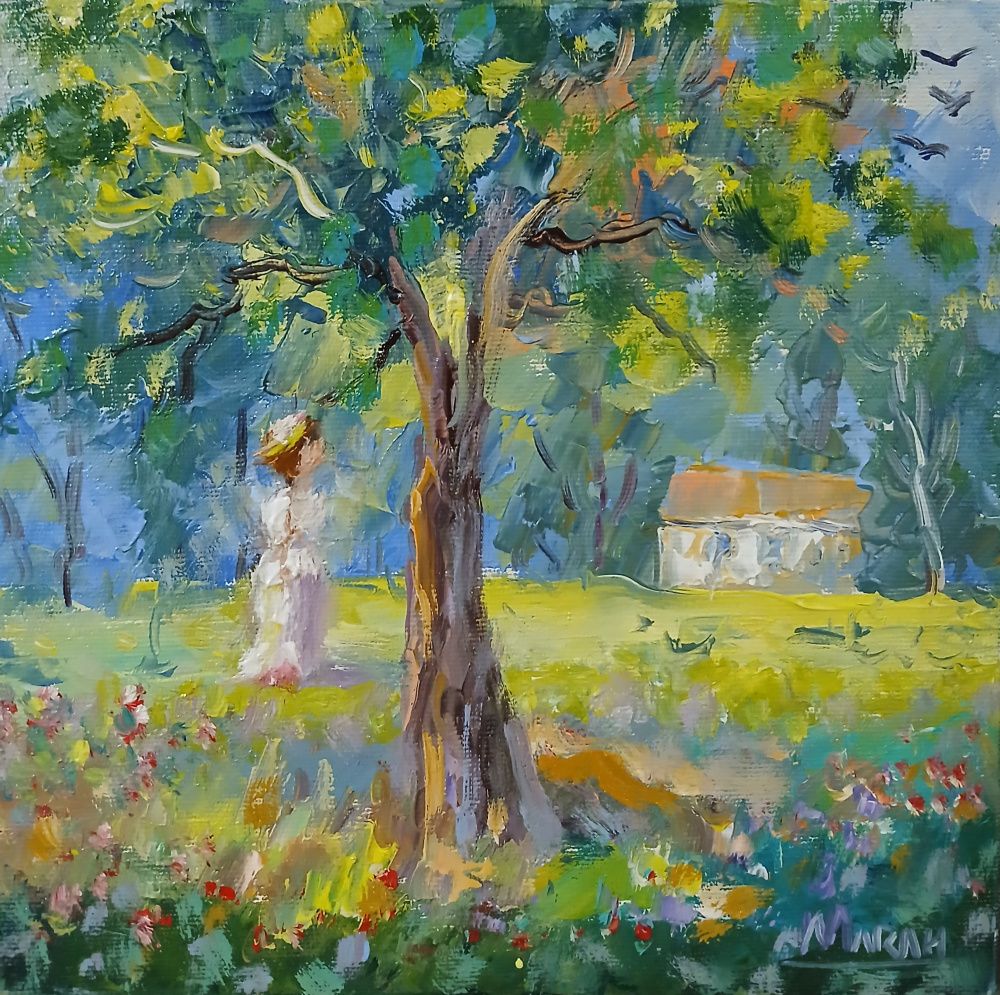 Quadro original "À Sombra da Oliveira" — Impressionismo, Óleo sobre tela, 20 x 20 cm, pintado à mão por Marah Silva