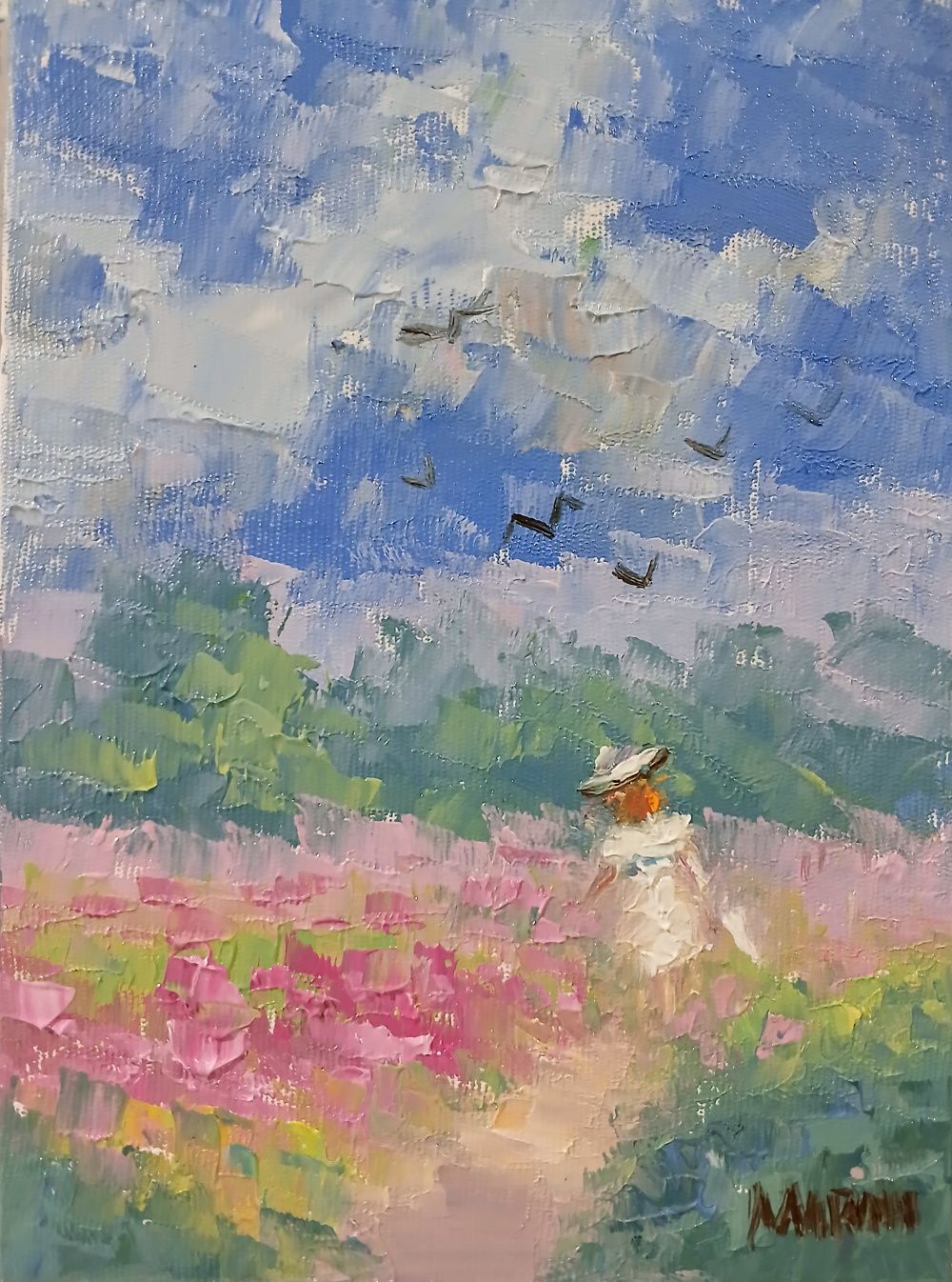 Quadro original "Passeio no Campo" — Impressionismo, Óleo sobre tela, 16 x 22 cm, pintado à mão por Marah Silva