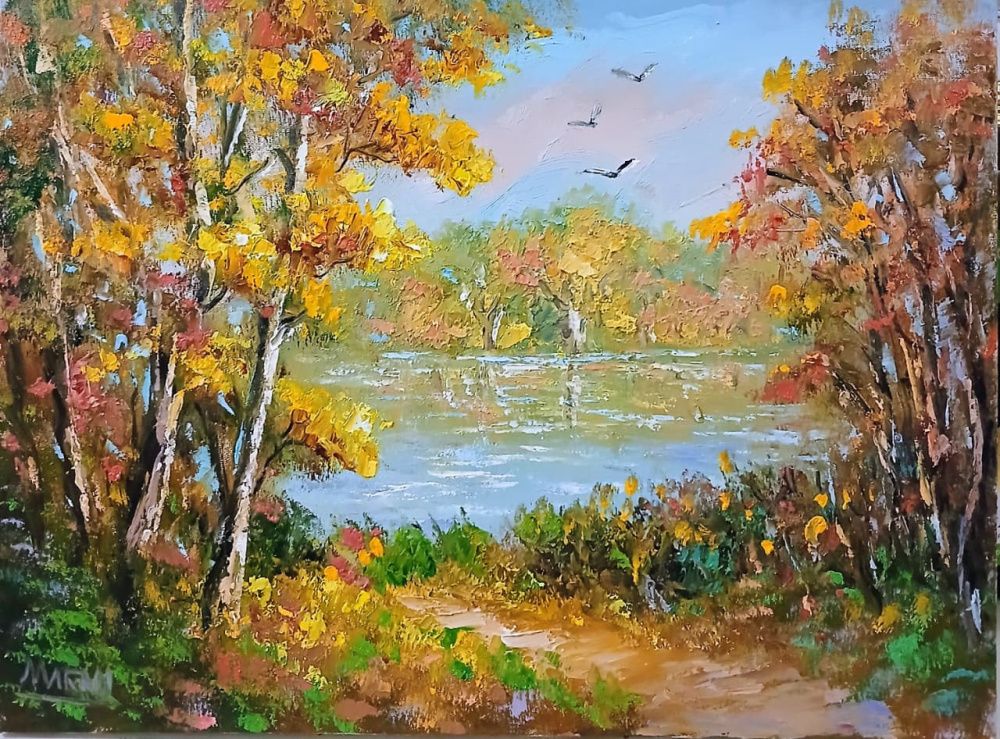 Quadro original "Caminho entre Folhas Douradas" — Paisagens, Óleo sobre tela, 40 x 30 cm, pintado à mão por Marah Silva