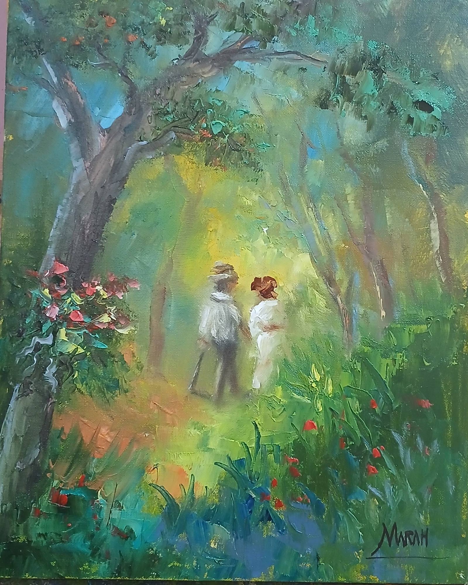 Quadro original "Caminho Iluminado ao Par" — Impressionismo, Óleo sobre tela, 24 x 30 cm, pintado à mão por Marah Silva