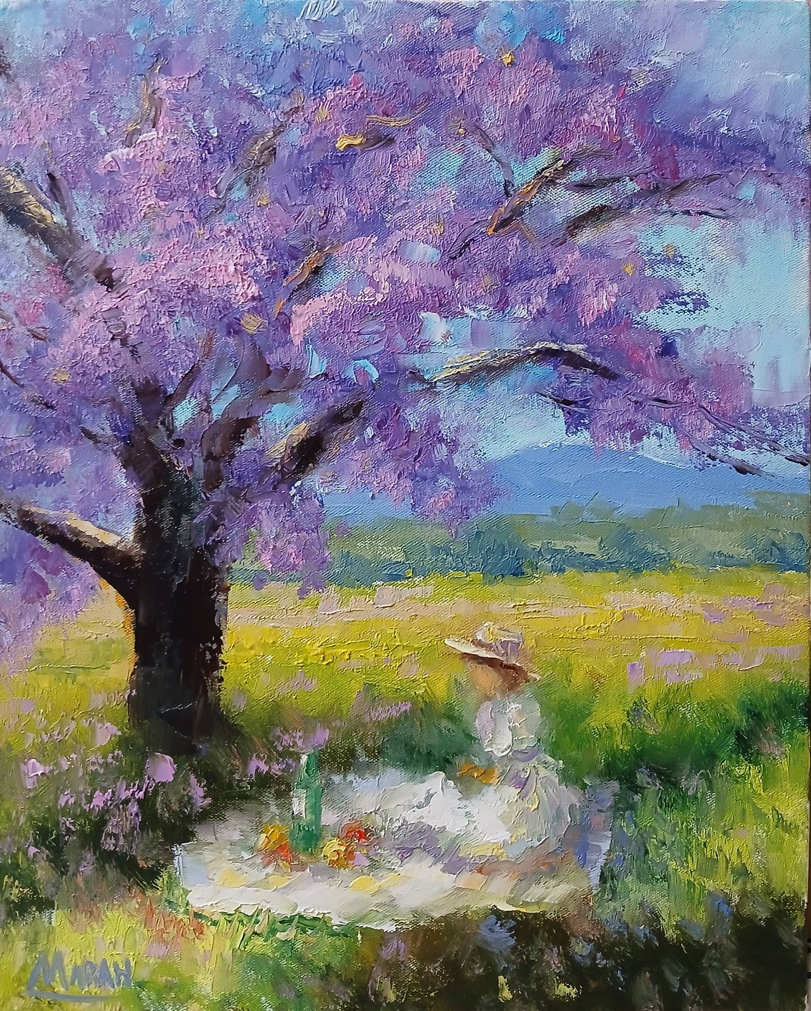 Quadro original "Almoço Campestre em Flor" — Impressionismo, Espatulado a óleo sobre tela, 24 x 30 cm, pintado à mão por Marah Silva
