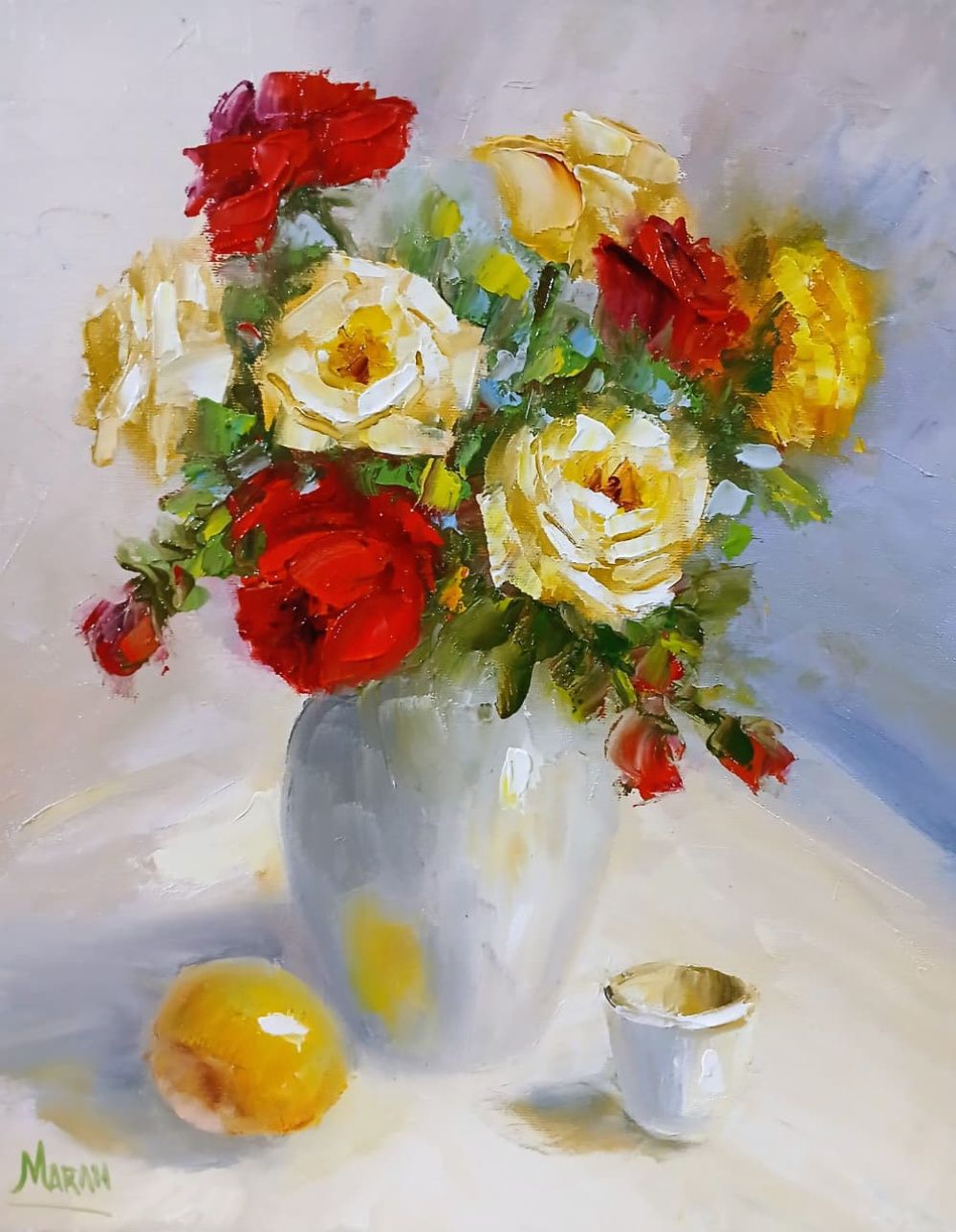 Quadro original "Rosas e Lembranças" — Florais, Óleo sobre tela, 24 x 30 cm, pintado à mão por Marah Silva