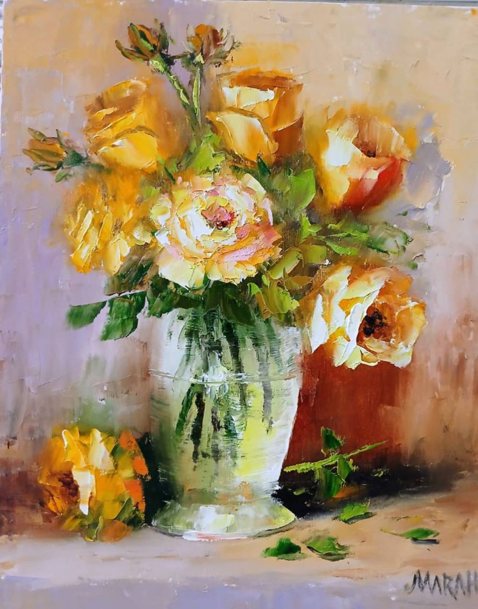 Quadro original "Dourado em Flores" — Florais, 24 x 30 cm, pintado à mão por Marah Silva