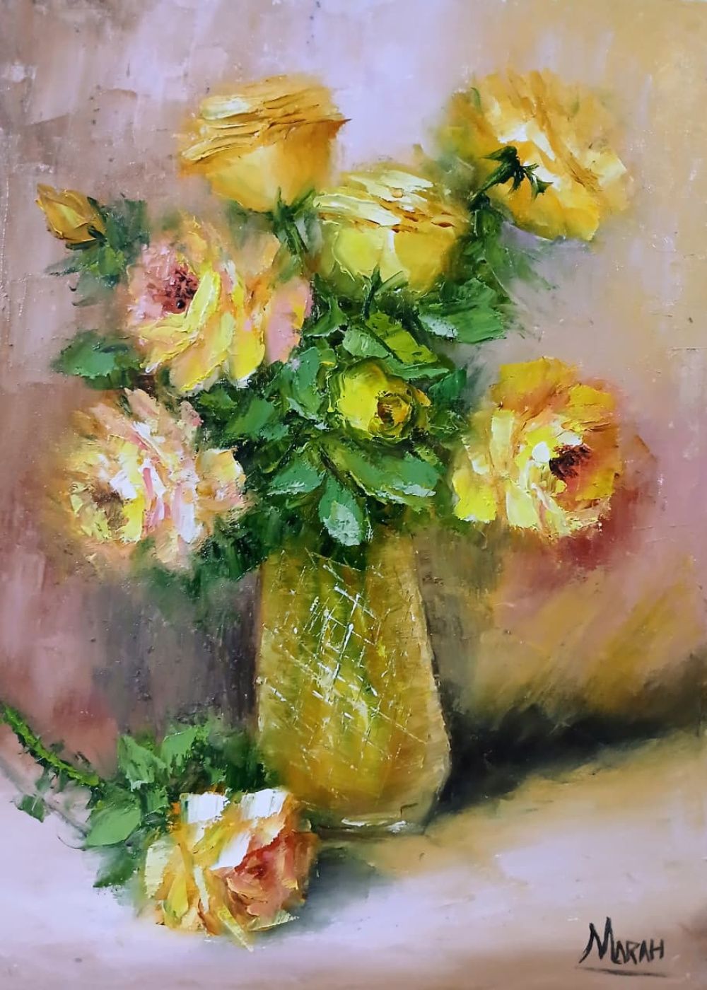 Quadro original "Dourado do Entardecer" — Florais, Óleo sobre tela, 30 x 40 cm, pintado à mão por Marah Silva