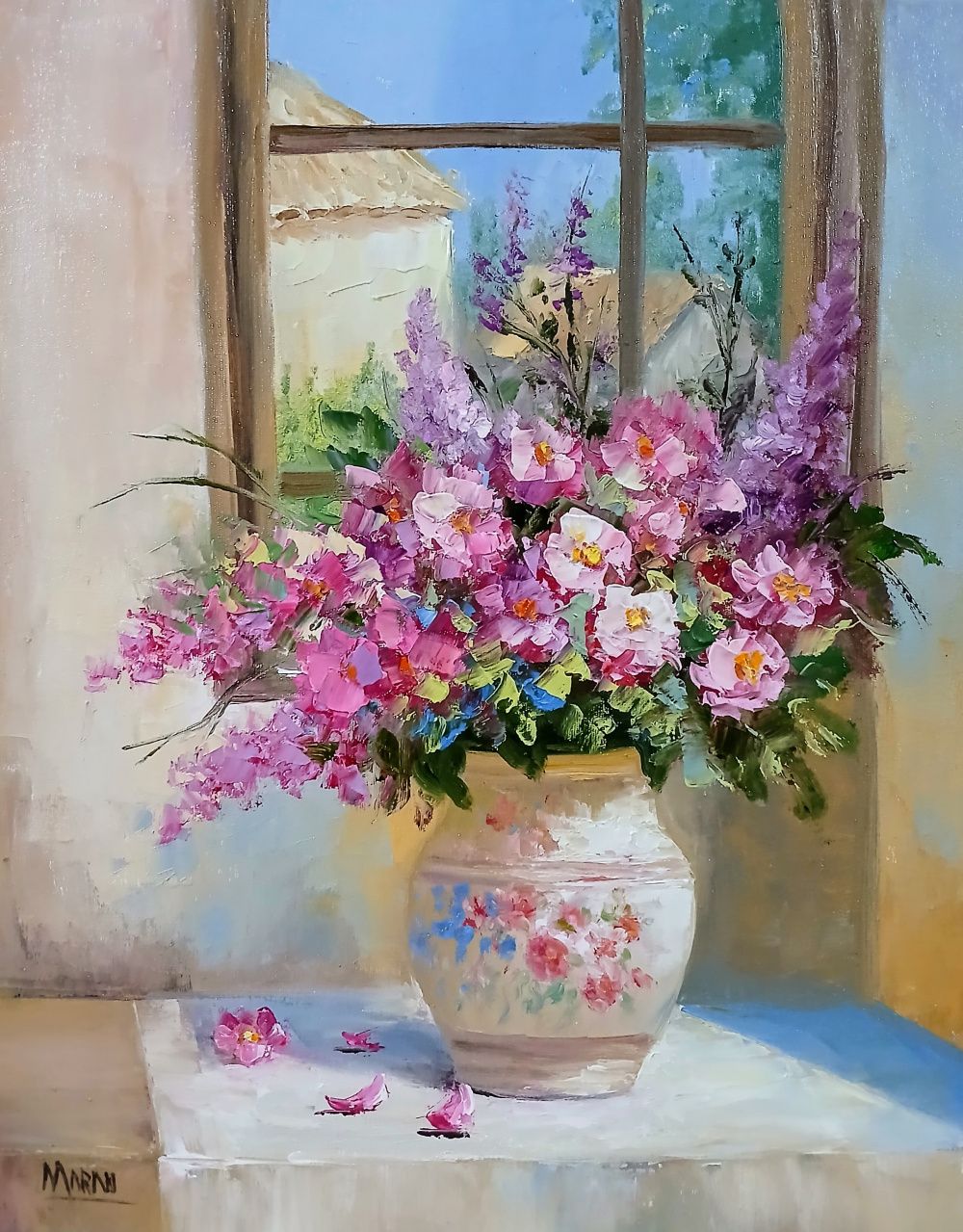 Quadro original "Primavera na Janela" — Florais, Óleo sobre tela, 40 x 50 cm, pintado à mão por Marah Silva