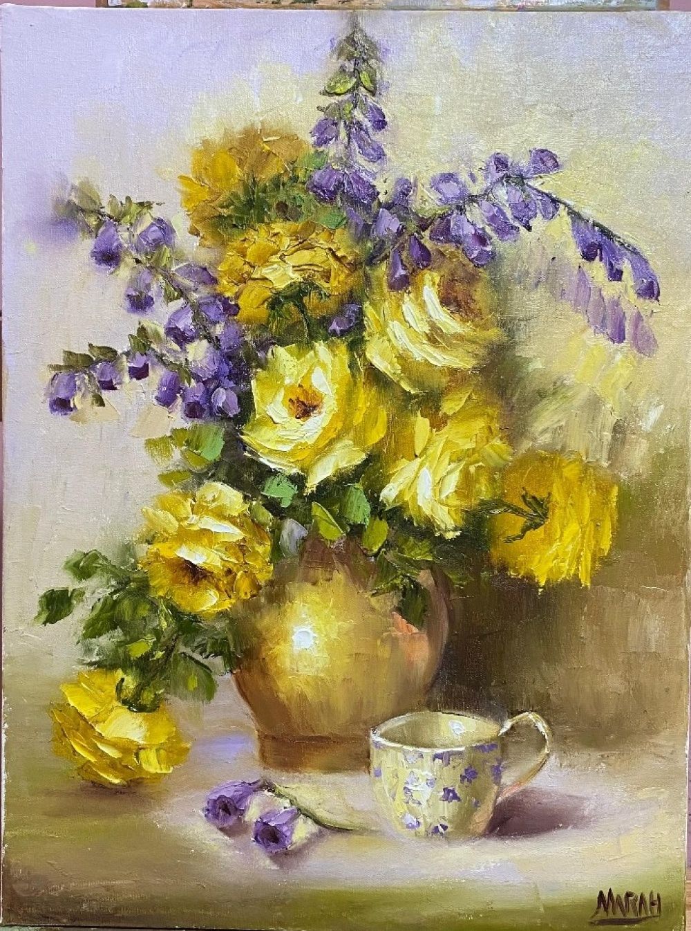Quadro original "Ouro e Lavanda" — Florais, Óleo sobre tela, 30 x 40 cm, pintado à mão por Marah Silva