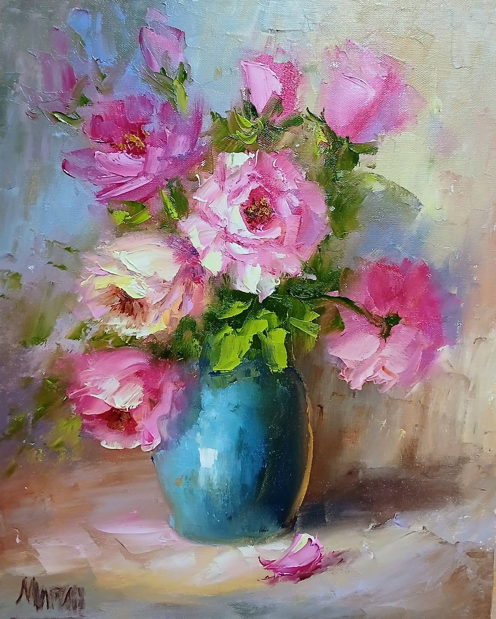 Quadro original "Flores em Tons de Rosa" — Florais, Espatulado a óleo sobre tela, 24 x 30 cm, pintado à mão por Marah Silva