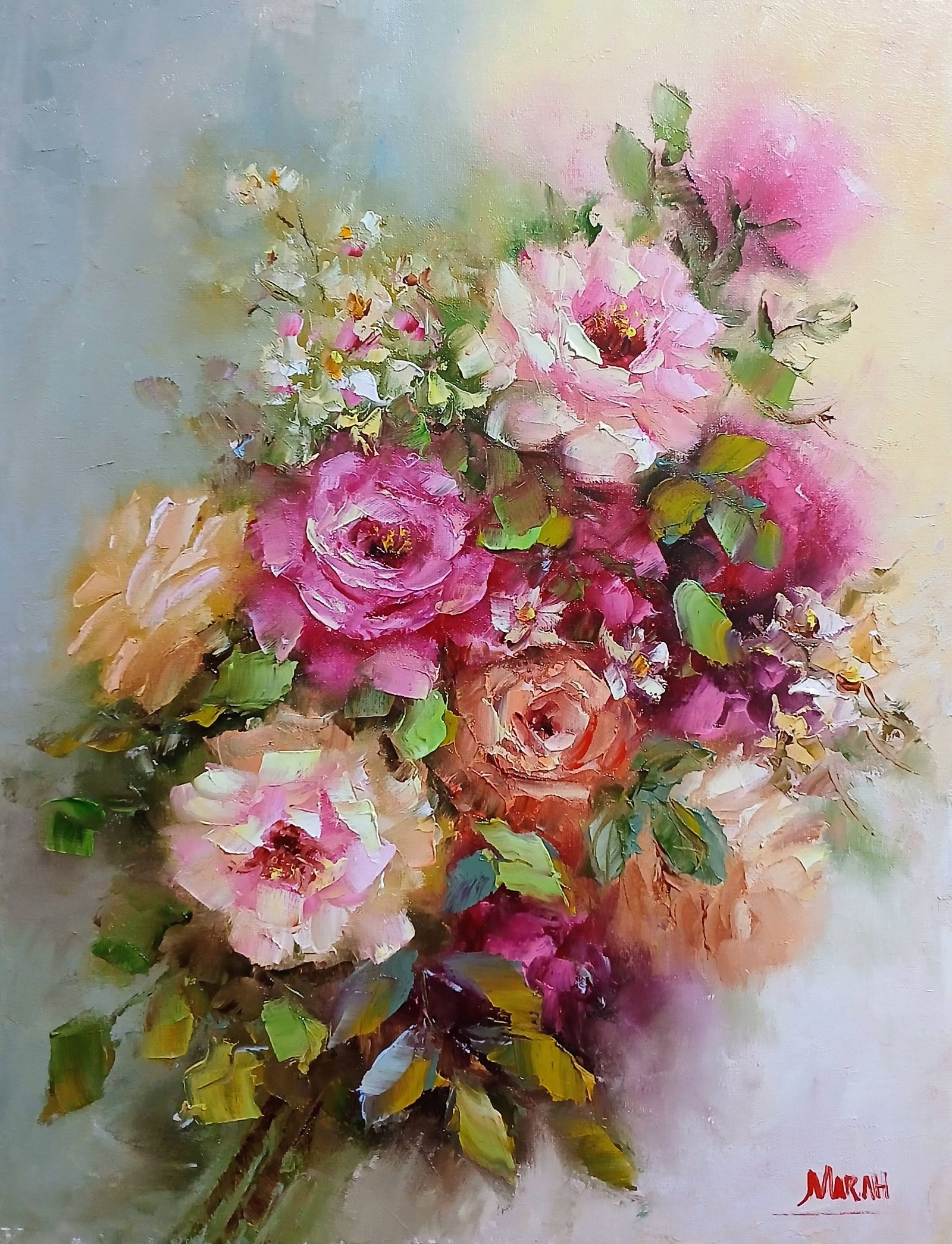Quadro original "Encanto de Rosas Suaves" — Florais, Espatulado a óleo sobre tela, 30 x 40 cm, pintado à mão por Marah Silva