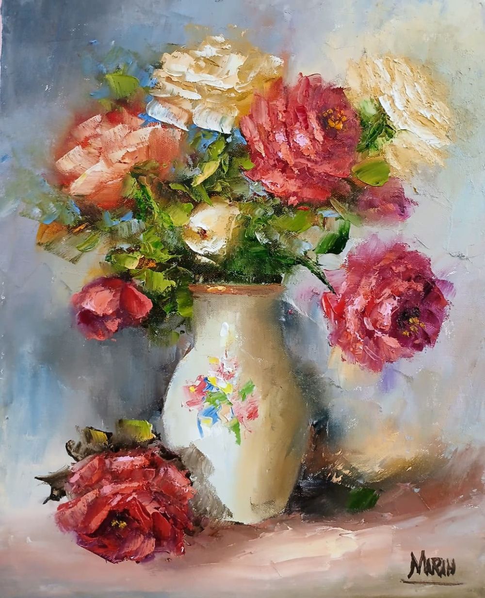 Quadro original "Rosas no vaso Branco" — Florais, Óleo sobre tela, 24 x 30 cm, pintado à mão por Marah Silva