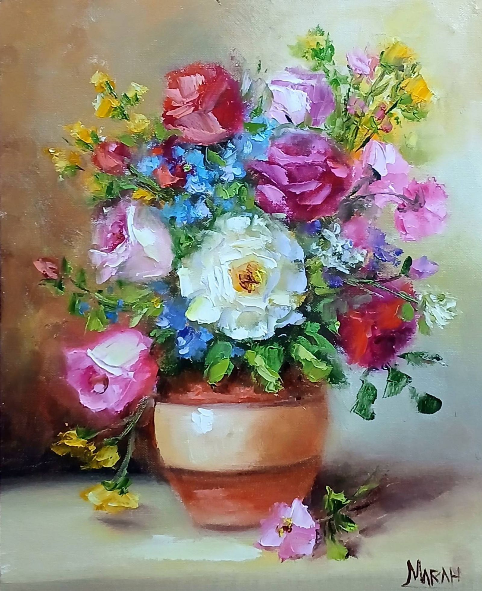 Quadro original "Sinfonia de Cores Florais" — Florais, Espatulado a óleo sobre tela, 24 x 30 cm, pintado à mão por Marah Silva