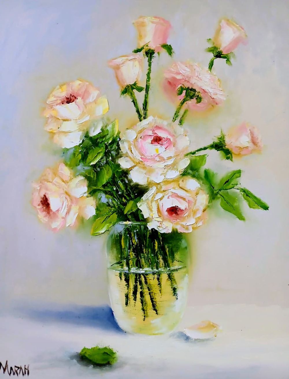Quadro original "Quietude em Rosas" — Florais, Óleo sobre tela, 40 x 50 cm, pintado à mão por Marah Silva