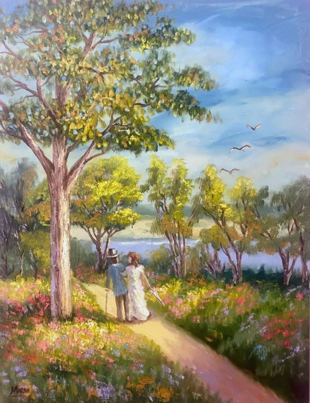 Quadro original "Caminho Florido do Amor" — Impressionismo, Óleo sobre tela, 60 x 80 cm, pintado à mão por Marah Silva