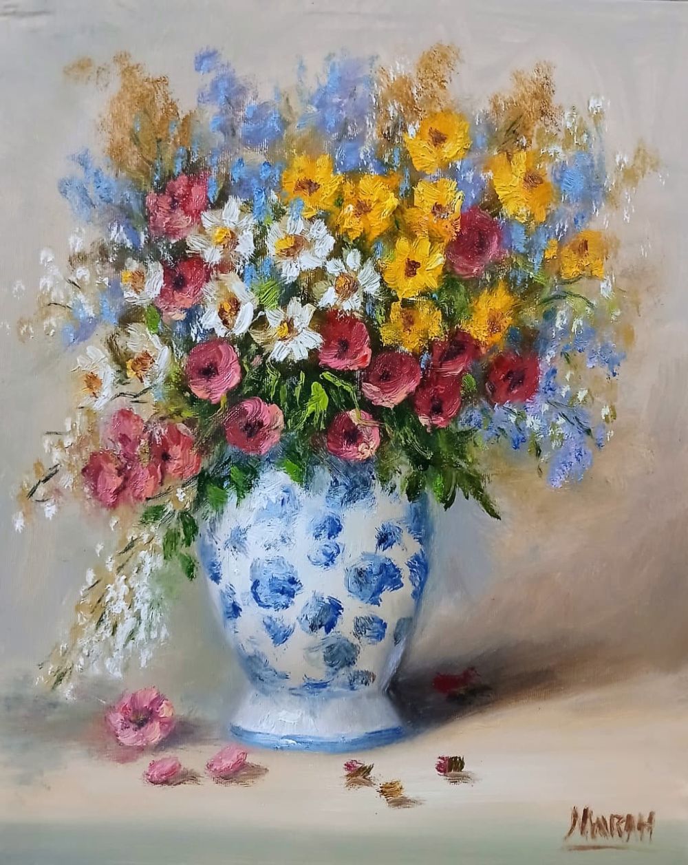 Quadro original "Primavera em Porcelana" — Florais, Óleo sobre tela, 24 x 30 cm, pintado à mão por Marah Silva