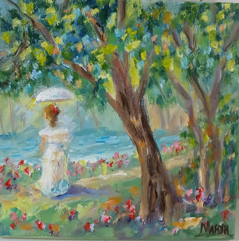 Quadro original "Junto ao Rio" — Impressionismo, Óleo sobre tela, 20 x 20 cm, pintado à mão por Marah Silva