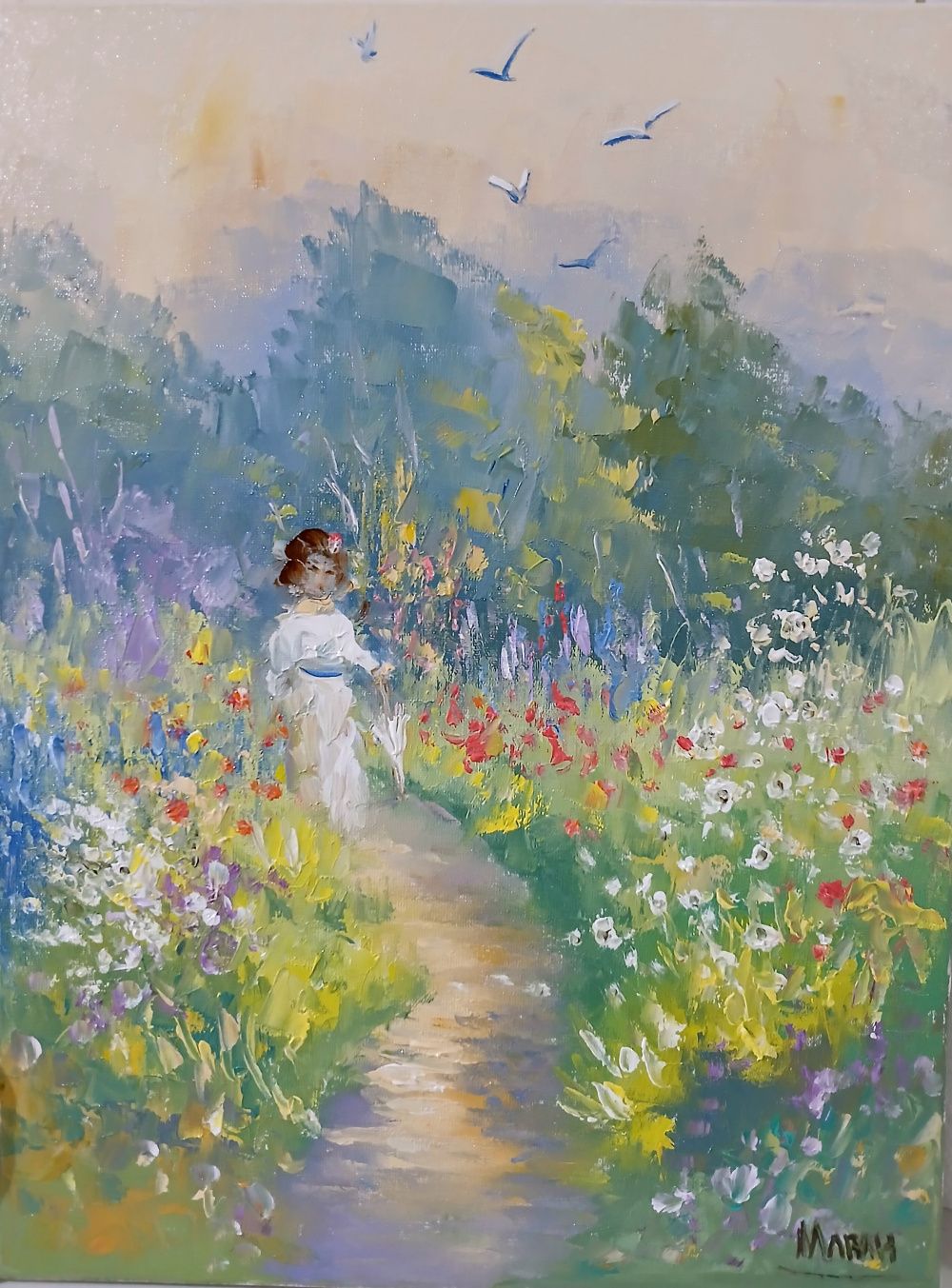 Quadro original "Passeio entre Flores" — Impressionismo, Óleo sobre tela, 30 x 40 cm, pintado à mão por Marah Silva