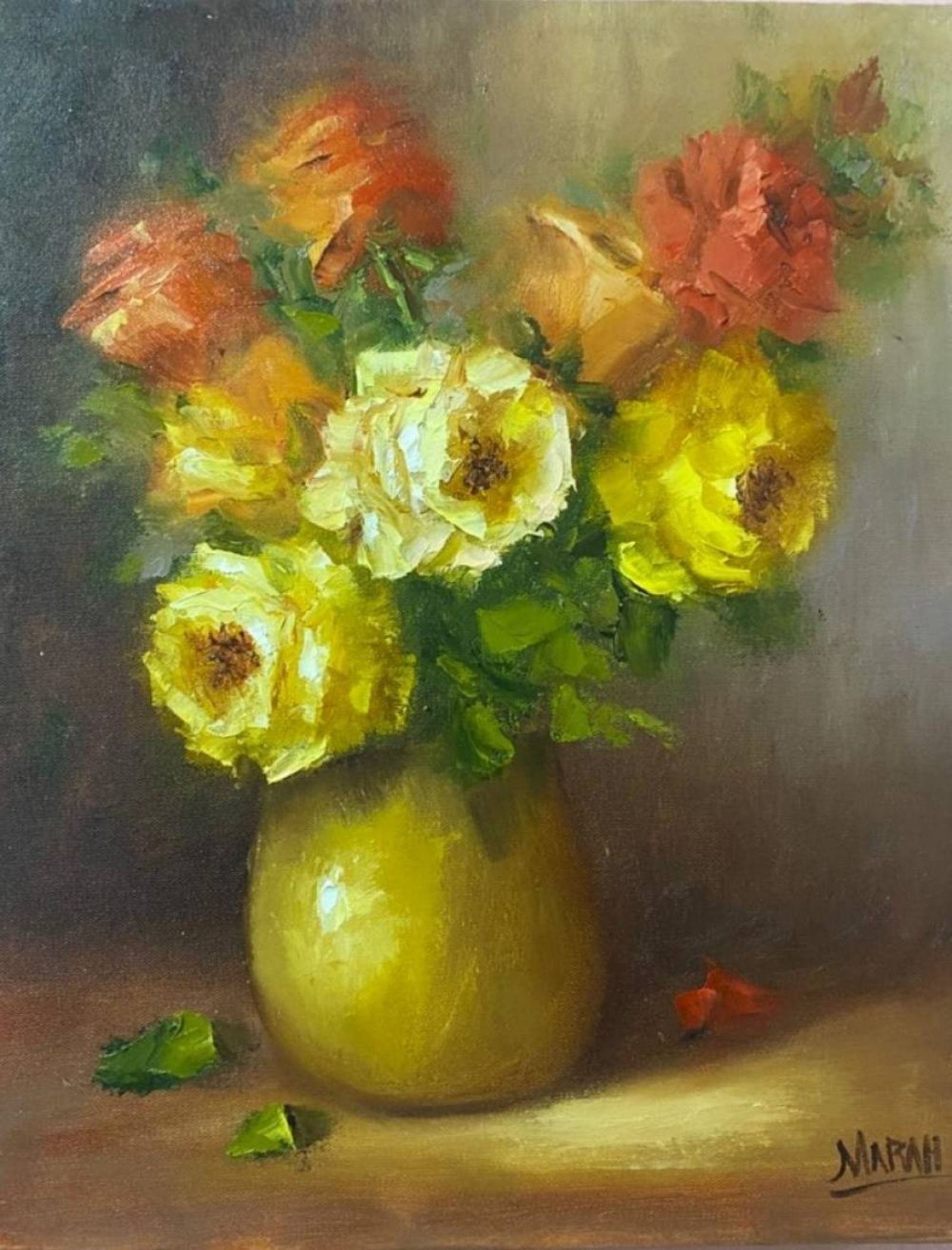 Quadro original "Alvorecer Dourado" — Florais, 24 x 30 cm, pintado à mão por Marah Silva