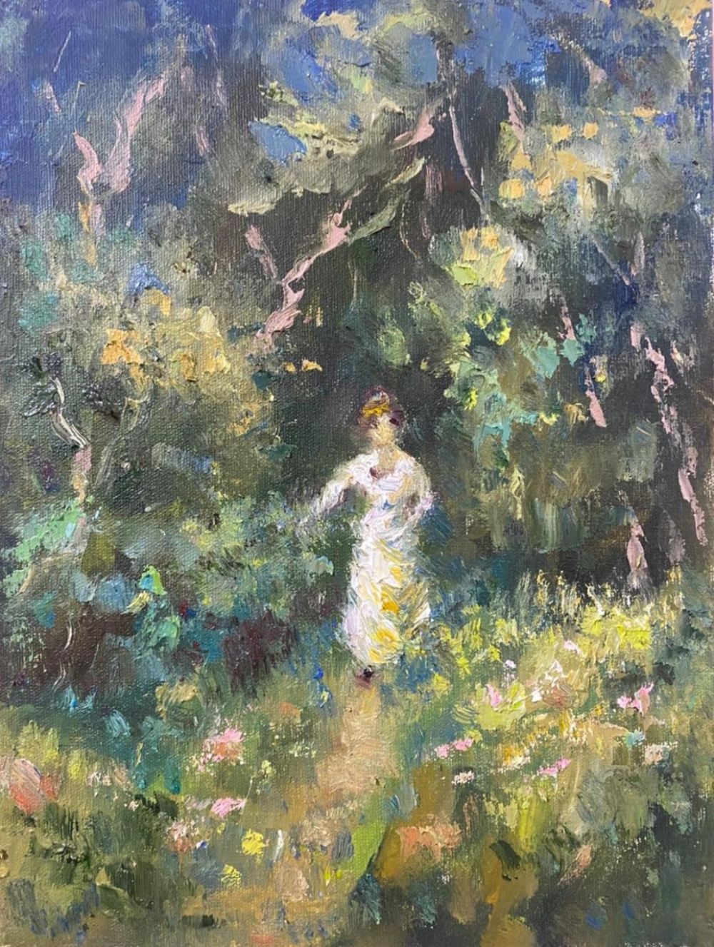 Quadro original "A Dama e a Natureza" — Impressionismo, Óleo sobre tela, 18 x 24 cm, pintado à mão por Marah Silva