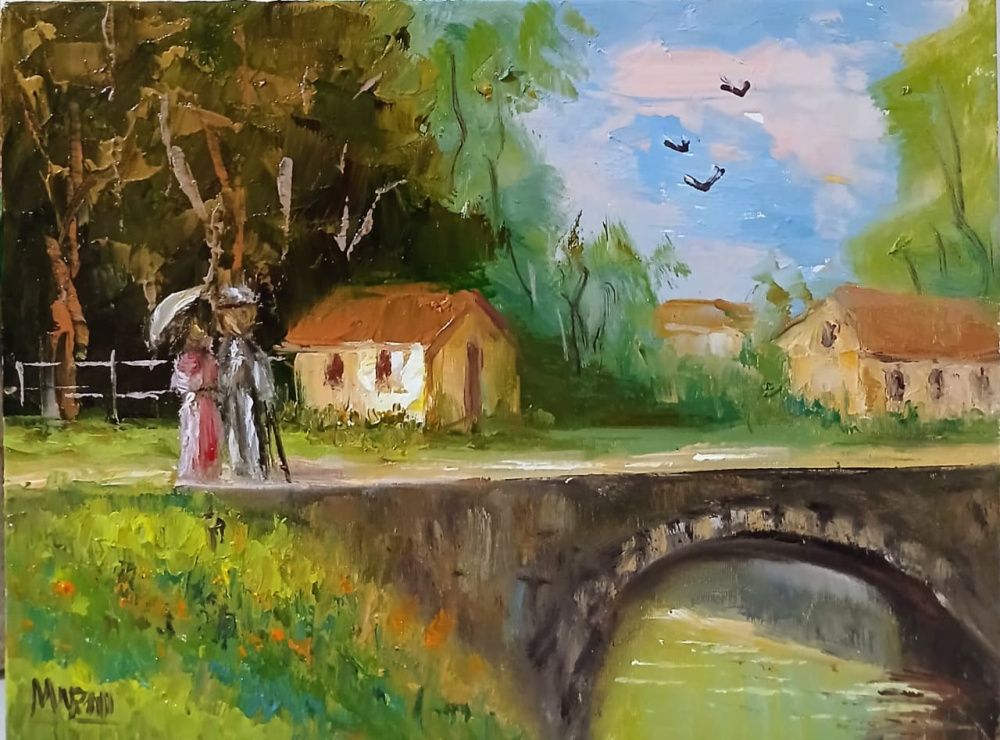 Quadro original "Ponte do Vilarejo" — Impressionismo, Óleo sobre tela, 24 x 18 cm, pintado à mão por Marah Silva