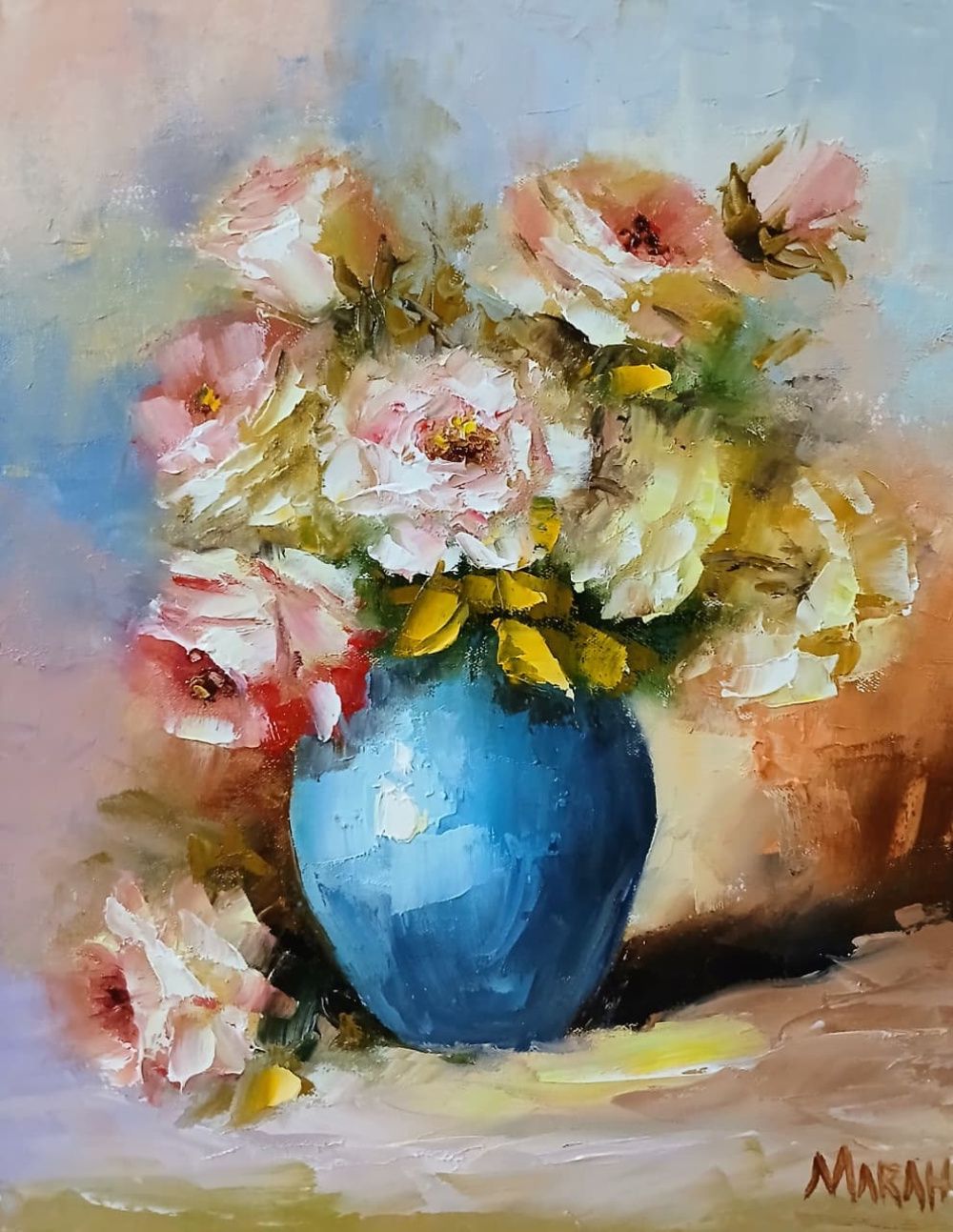 Quadro original "Rosas no Vaso Azul Celeste" — Florais, Óleo sobre tela, 24 x 30 cm, pintado à mão por Marah Silva